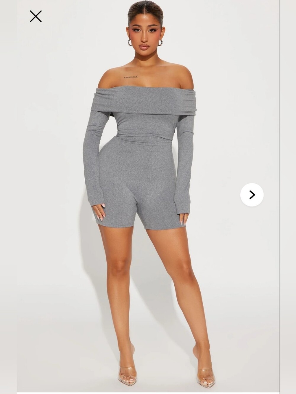 FN Gray Off-Shoulder Long Sleeve Willie Double Lined Mini Romper/Heather/Grey🩶